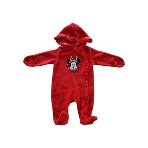 Disney Baby Jumpsuit 0-3M Red Fleece Zippered Hooded Footed PJs Minnie Mouse